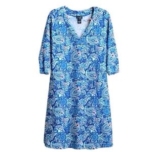 Caribbean Joe Blue Paisley Floral V-Neck Shift Dress Large